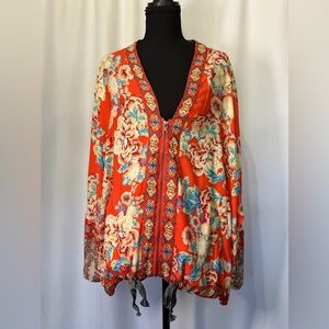 Free People flowy long sleeve Floral V-Neck Blouse in Vibrant Orange boho